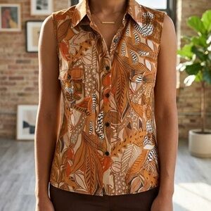 Betty Barclay Rust Leaf Sleeveless Button Up Top Safari Earthy Boho Chocolate